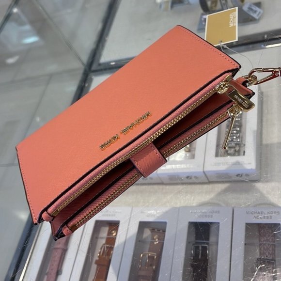 Michael Kors Jet Set Travel Leather Large Double Zip Wallet Wristlet Sherbert - Picture 12 of 16